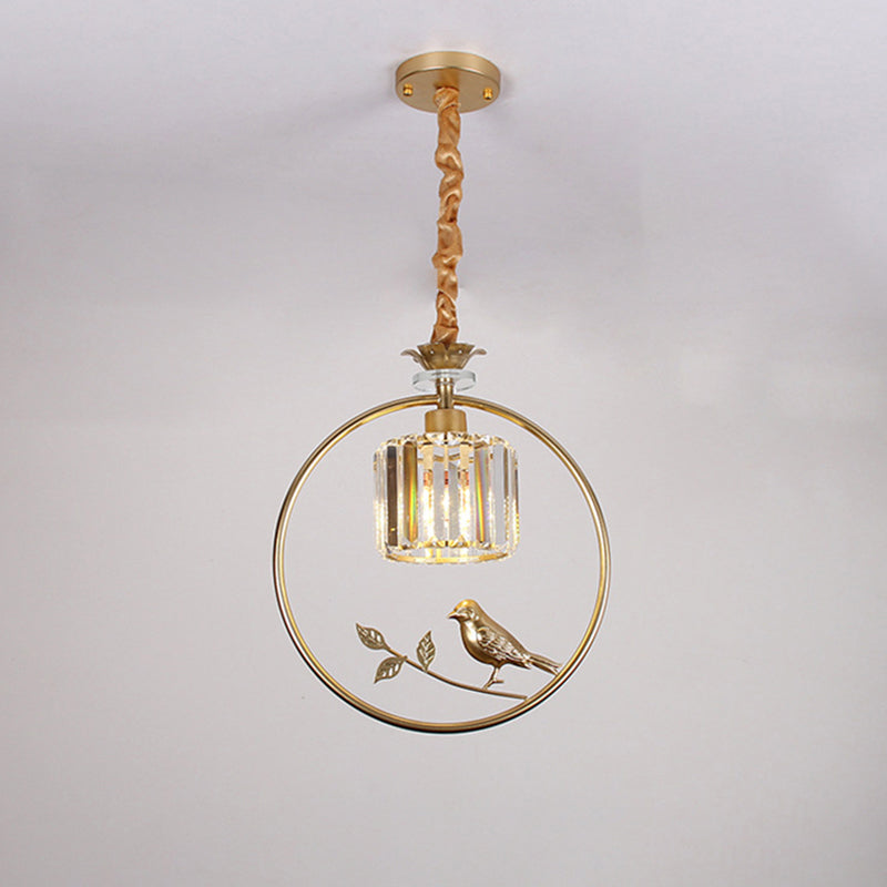 Cylinder Crystal Block Pendant Light Farmhouse 1 Bulb Dining Room Hanging Lamp with Decorative Bird and Ring Clearhalo 'Ceiling Lights' 'Pendant Lights' 'Pendants' Lighting' 2138366