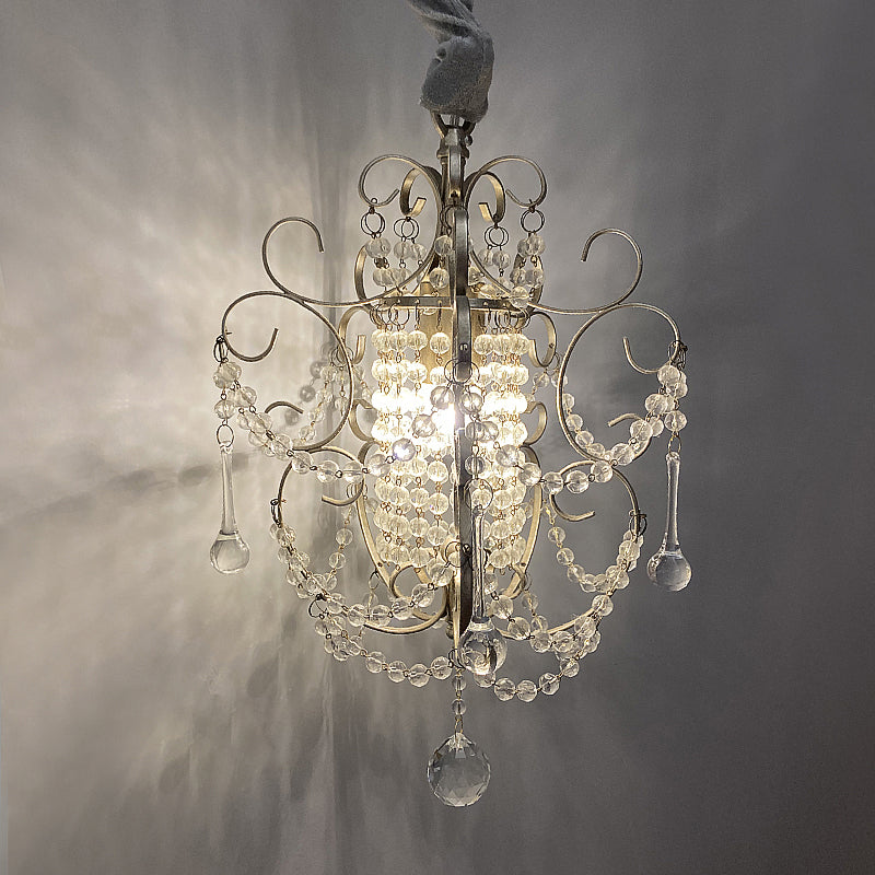 Metal Scrolled Pendulum Light French Country 1 Head Bedside Drop Pendant with Crystal Bead Clearhalo 'Ceiling Lights' 'Pendant Lights' 'Pendants' Lighting' 2138374