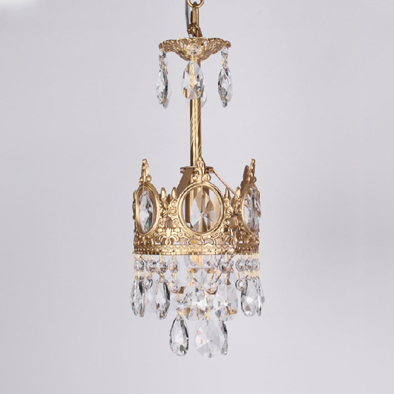 Gold Crown-Shape Ceiling Pendant Antique Metal Single Bedroom Hanging Lamp with Crystal Drops Clearhalo 'Ceiling Lights' 'Pendant Lights' 'Pendants' Lighting' 2138381