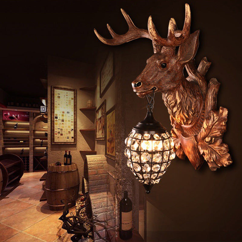 Deer Head Bistro Wall Sconce Rustic Resin Single Wall Mount Light with Oval Crystal Shade Clearhalo 'Wall Lamps & Sconces' 'Wall Lights' Lighting' 2138391