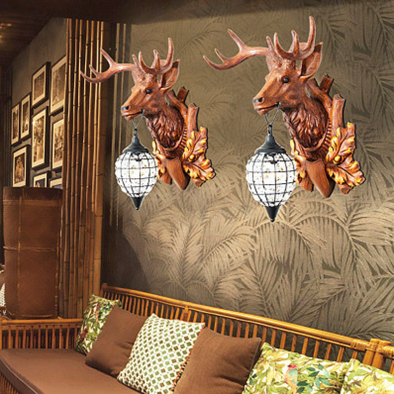 Deer Head Bistro Wall Sconce Rustic Resin Single Wall Mount Light with Oval Crystal Shade Clearhalo 'Wall Lamps & Sconces' 'Wall Lights' Lighting' 2138392