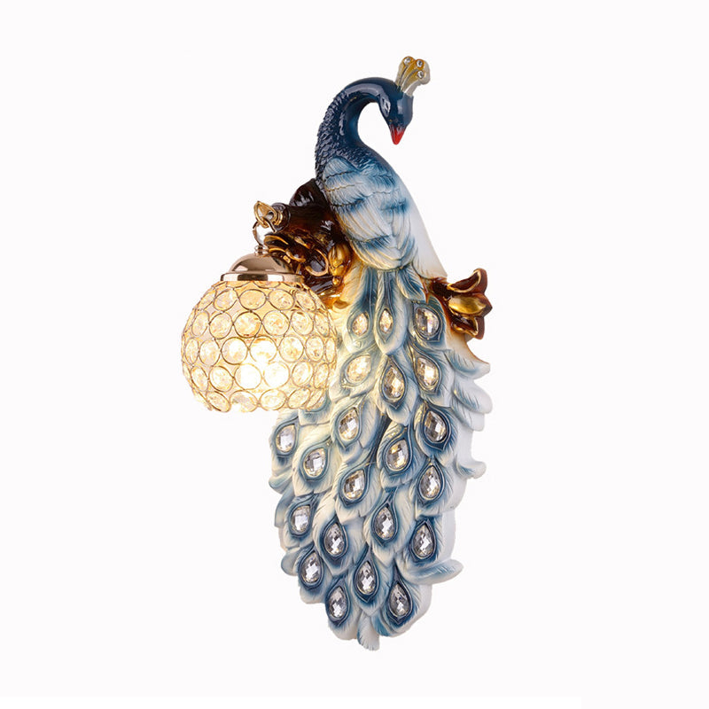 Blue Peacock Sconce Light Fixture Country Resin Single Dining Room Wall Lamp with Crystal Shade Clearhalo 'Wall Lamps & Sconces' 'Wall Lights' Lighting' 2138397