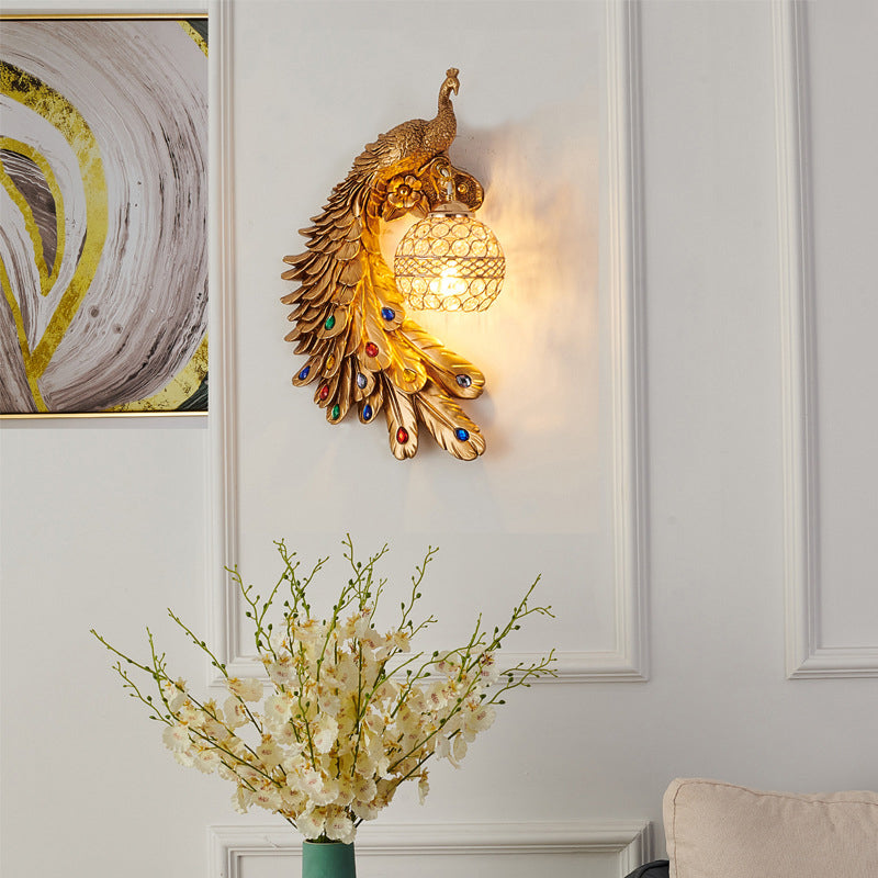 Peacock Shaped Corridor Wall Light Farmhouse Resin 1 Bulb Wall Sconce with Hemisphere Crystal Shade Gold Left Clearhalo 'Wall Lamps & Sconces' 'Wall Lights' Lighting' 2138401