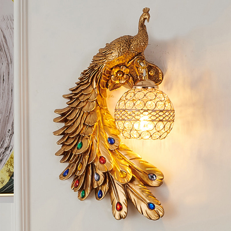 Peacock Shaped Corridor Wall Light Farmhouse Resin 1 Bulb Wall Sconce with Hemisphere Crystal Shade Clearhalo 'Wall Lamps & Sconces' 'Wall Lights' Lighting' 2138402