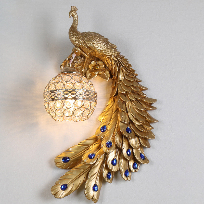 Peacock Shaped Corridor Wall Light Farmhouse Resin 1 Bulb Wall Sconce with Hemisphere Crystal Shade Gold Right Clearhalo 'Wall Lamps & Sconces' 'Wall Lights' Lighting' 2138407