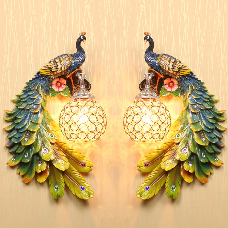 Peacock Wall Mounted Lamp Farm Style Resin Sconce Lighting with Dome Crystal Shade Multi-Color Clearhalo 'Wall Lamps & Sconces' 'Wall Lights' Lighting' 2138411