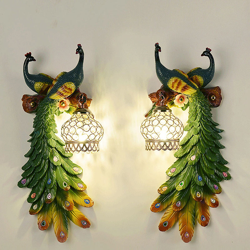 Crystal-Encrusted Lantern Wall Lamp Rustic 1-Light Living Room Sconce with Multicolored Peacock Deco Clearhalo 'Wall Lamps & Sconces' 'Wall Lights' Lighting' 2138415