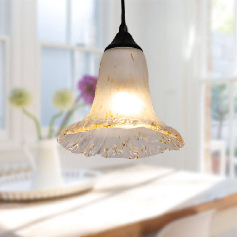 1 Light Hanging Ceiling Light with Flower Shade Frosted Glass Classic Dining Room Pendant Lighting in Black Black Clearhalo 'Ceiling Lights' 'Glass shade' 'Glass' 'Pendant Lights' 'Pendants' Lighting' 213842