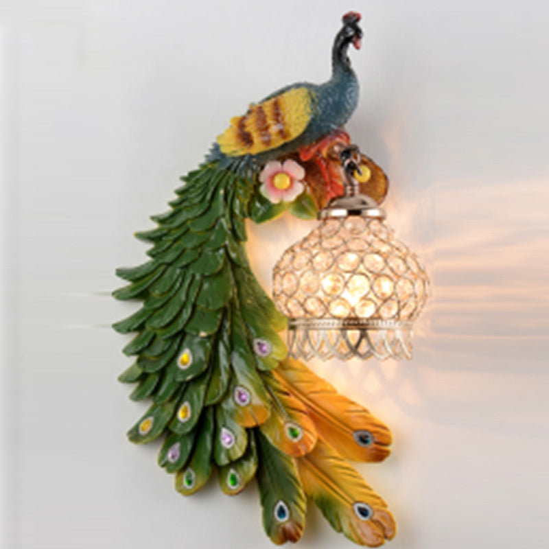 Crystal-Encrusted Lantern Wall Lamp Rustic 1-Light Living Room Sconce with Multicolored Peacock Deco Multi-Color 10.5