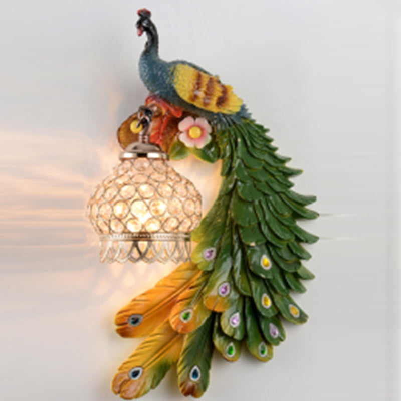 Crystal-Encrusted Lantern Wall Lamp Rustic 1-Light Living Room Sconce with Multicolored Peacock Deco Multi-Color 10.5