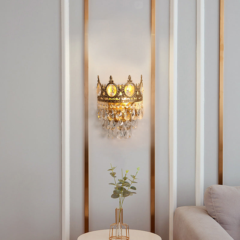 Crown Shaped Living Room Wall Light Antique Metal 3-Bulb Gold Sconce with Teardrop Crystals Clearhalo 'Wall Lamps & Sconces' 'Wall Lights' Lighting' 2138430