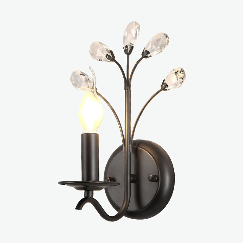 Single-Bulb Candle Wall Sconce Farmhouse Black Metal Wall Light with Crystal Twig Clearhalo 'Wall Lamps & Sconces' 'Wall Lights' Lighting' 2138443