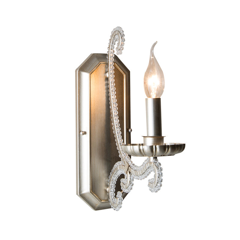 Metal Candle Wall Mounted Light Rustic Bedside Sconce Lighting Fixture with Crystal Bead Clearhalo 'Wall Lamps & Sconces' 'Wall Lights' Lighting' 2138457