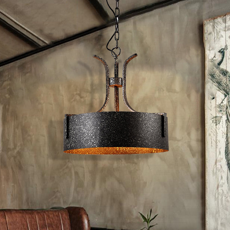 Metal Black Pendant Lamp Drum Shade 3-Light Vintage Chandelier Light Fixture with Elk, 12.5