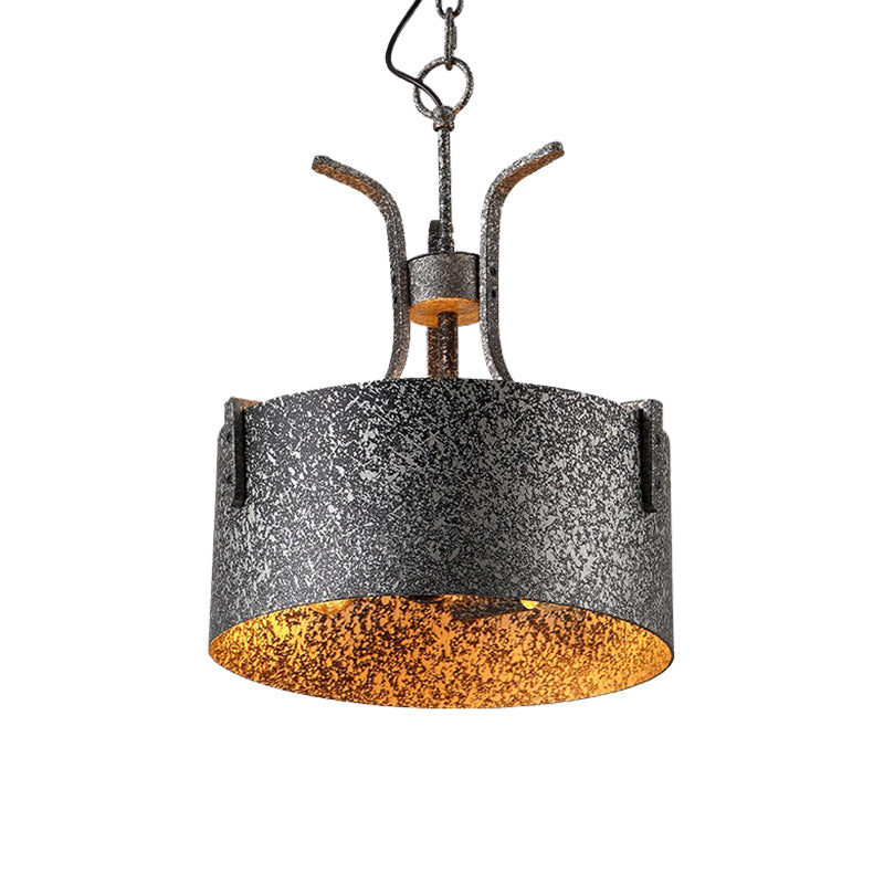 Metal Black Pendant Lamp Drum Shade 3-Light Vintage Chandelier Light Fixture with Elk, 12.5