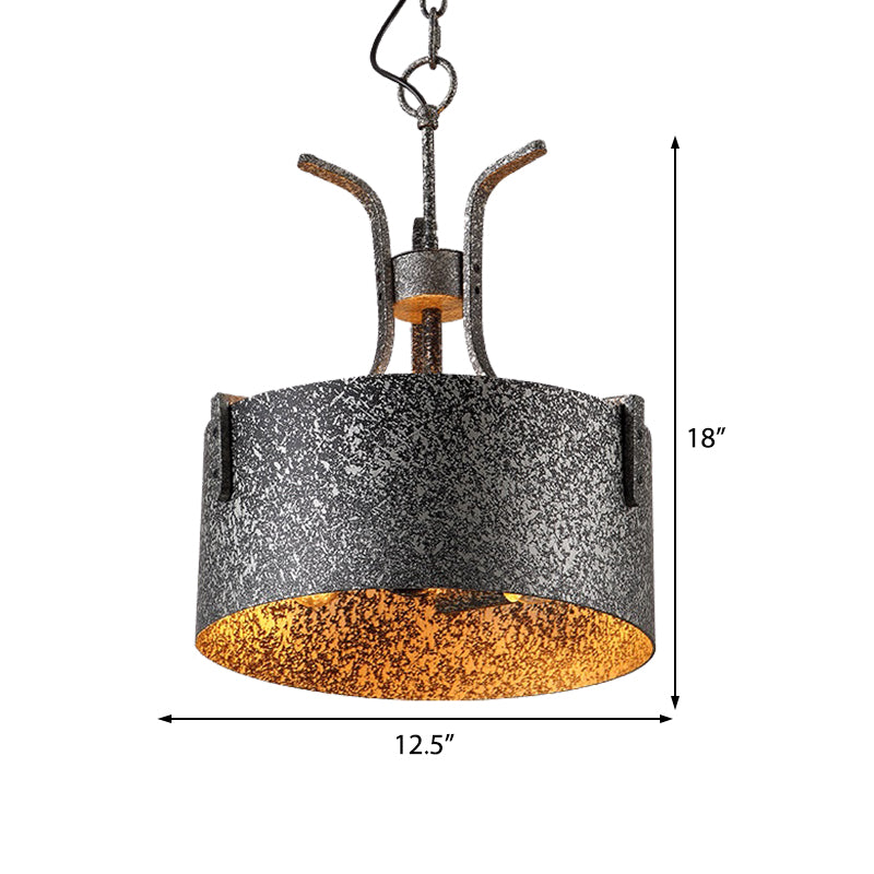 Metal Black Pendant Lamp Drum Shade 3-Light Vintage Chandelier Light Fixture with Elk, 12.5