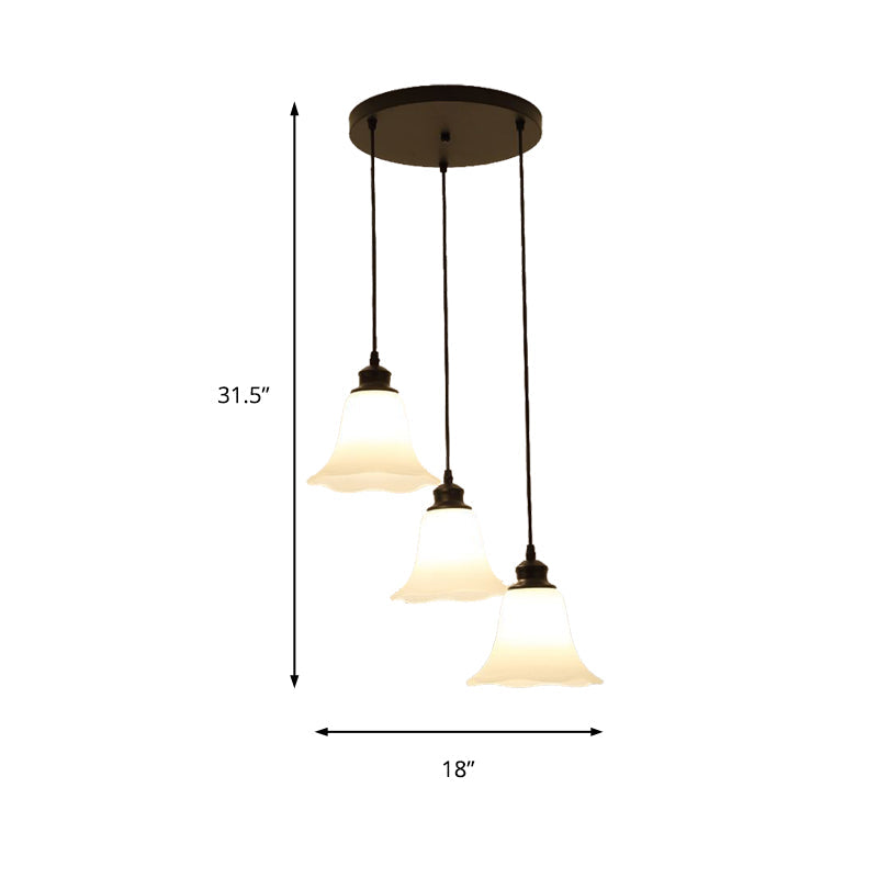 Black Flared Hanging Ceiling Light Classical Frosted Glass 3 Lights Living Room Cluster Pendant Clearhalo 'Ceiling Lights' 'Glass shade' 'Glass' 'Pendant Lights' 'Pendants' Lighting' 215972