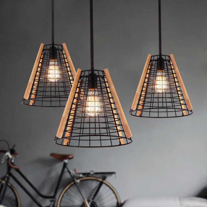 Classic Cone Pendant Lighting 1 Light Metal Hanging Light Fixture in Black with Cage Clearhalo 'Ceiling Lights' 'Pendant Lights' 'Pendants' Lighting' 216044