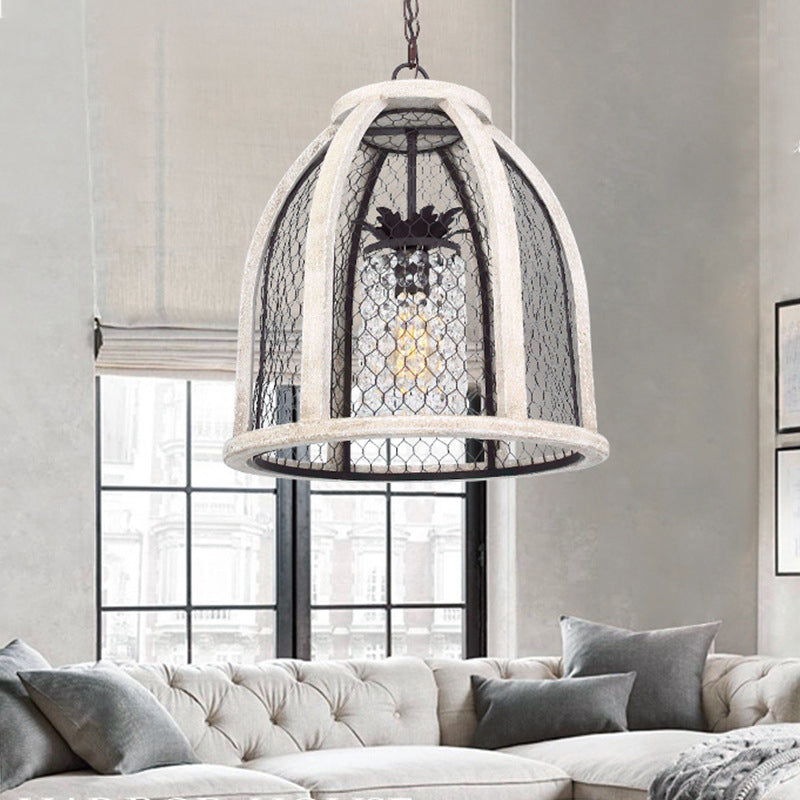 Dome Dining Room Hanging Light Kit Traditional Metal 1 Light Distressed White Pendant Lighting with Cage Clearhalo 'Ceiling Lights' 'Pendant Lights' 'Pendants' Lighting' 216063