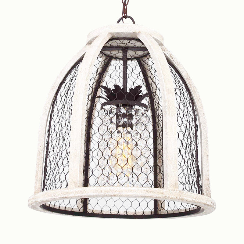 Dome Dining Room Hanging Light Kit Traditional Metal 1 Light Distressed White Pendant Lighting with Cage Clearhalo 'Ceiling Lights' 'Pendant Lights' 'Pendants' Lighting' 216064