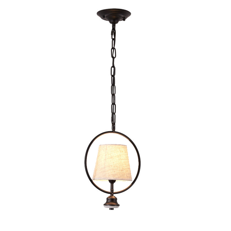 Black 1 Light Pendant Lighting Fixture Traditional Fabric Trapezoid Hanging Ceiling Light with Iron Ring Clearhalo 'Ceiling Lights' 'Pendant Lights' 'Pendants' Lighting' 216176