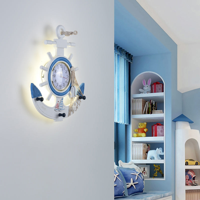 Contemporary Anchor Shaped Wall Light Fixture Wooden Kids Bedroom LED Clock Wall Mounted Lamp in Blue Blue Clearhalo 'Wall Lamps & Sconces' 'Wall Lights' Lighting' 2161924