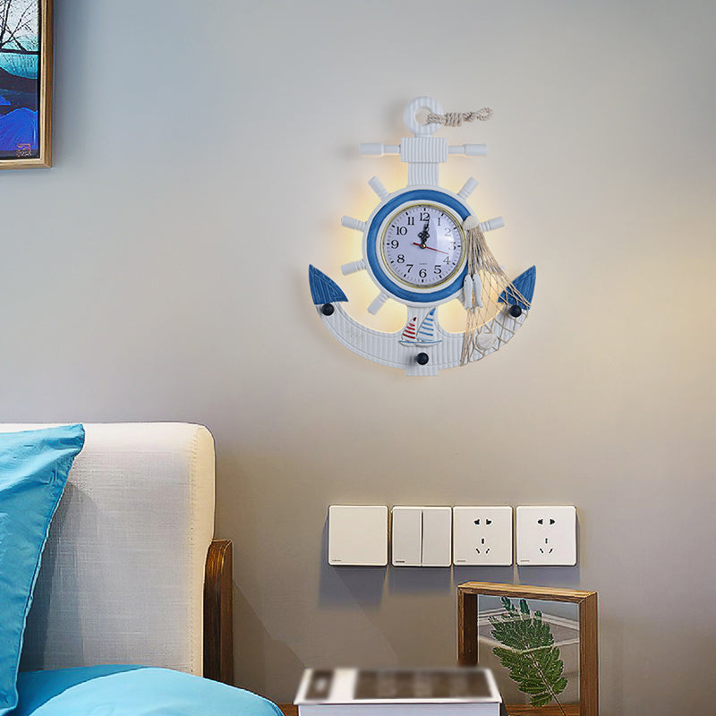 Contemporary Anchor Shaped Wall Light Fixture Wooden Kids Bedroom LED Clock Wall Mounted Lamp in Blue Clearhalo 'Wall Lamps & Sconces' 'Wall Lights' Lighting' 2161925