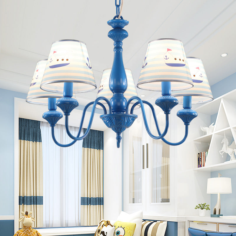 Modern Empire Shade Ceiling Lighting Patterned Fabric 5 Heads Child Room Chandelier Light Fixture in Blue Blue Clearhalo 'Ceiling Lights' 'Chandeliers' Lighting' options 2162025_205b724b-ddcd-42b0-bb7d-7a18ec0d483e