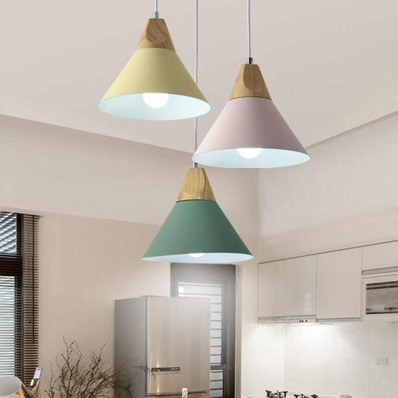 Metallic Conical Shade Hanging Light Nordic Style 3 Bulbs Wood Multi Light Pendant Wood Round Clearhalo 'Ceiling Lights' 'Pendant Lights' 'Pendants' Lighting' 2162109_69edf964-7b5e-4218-9d88-01555e4dc5e3