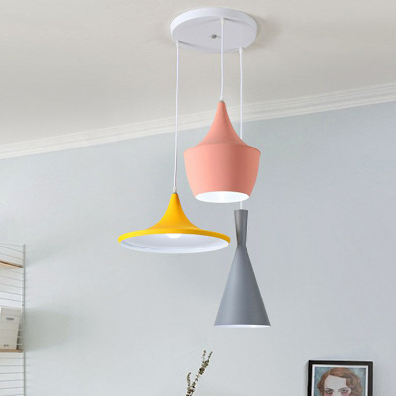 Shaded Hanging Lighting Minimalistic Metallic 3 Heads Pink-Yellow Multi Light Pendant Pink-Yellow Round Clearhalo 'Ceiling Lights' 'Pendant Lights' 'Pendants' Lighting' 2162128_48787e03-dd98-49c4-92d7-f522dc1fd921