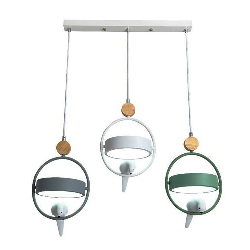 Ring Dining Room Multi Ceiling Lamp Metal 3 Bulbs Simplicity Suspension Light with Bird Decor in Gray-Green Clearhalo 'Ceiling Lights' 'Pendant Lights' 'Pendants' Lighting' 2162135