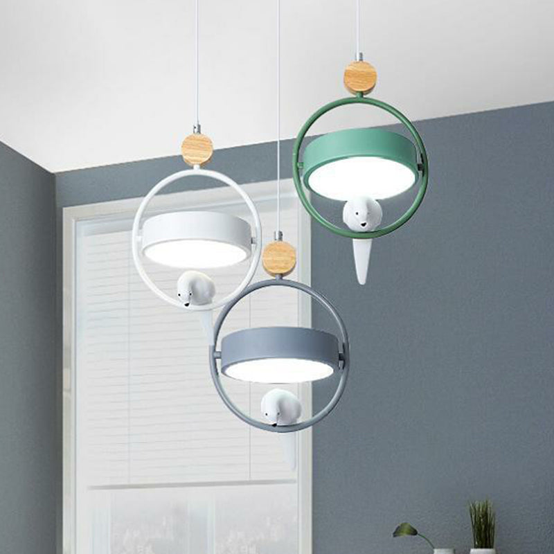 Ring Dining Room Multi Ceiling Lamp Metal 3 Bulbs Simplicity Suspension Light with Bird Decor in Gray-Green Clearhalo 'Ceiling Lights' 'Pendant Lights' 'Pendants' Lighting' 2162138