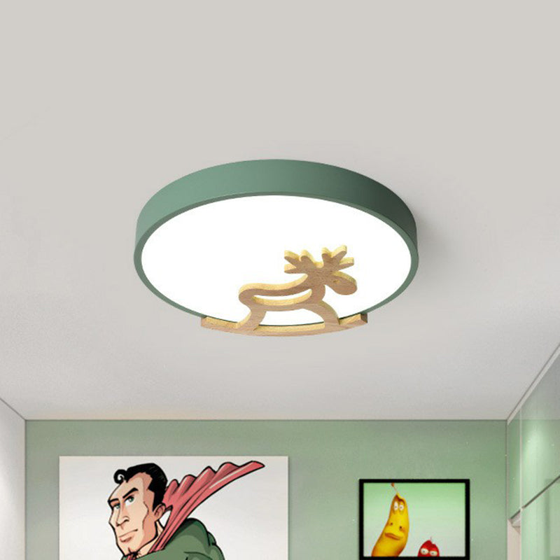 Circle LED Flush Mount Lighting Nordic Style Metallic Bedroom Flush Mount Ceiling Light with Wooden Hobbyhorse Green Clearhalo 'Ceiling Lights' 'Close To Ceiling Lights' 'Close to ceiling' 'Flush mount' Lighting' 2162283