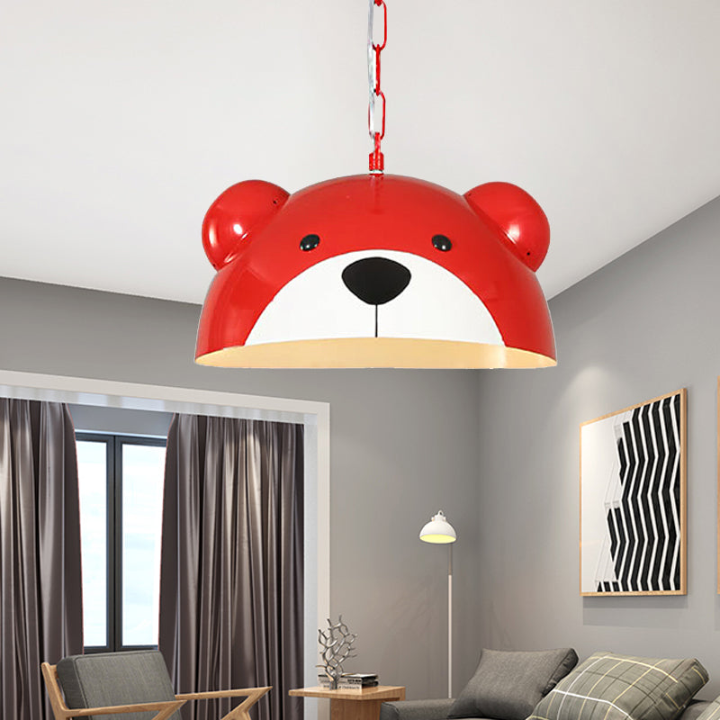 Metallic Dome Pendant Light Fixture Kids 1 Light Red/Yellow Hanging Lamp with Bear Design for Children Bedroom Clearhalo 'Ceiling Lights' 'Pendant Lights' 'Pendants' Lighting' 216244