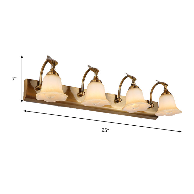 1/2/3 Lights Frosted Glass Vanity Light Traditional Brass Flared Bedroom Sconce with Gooseneck Arm Clearhalo 'Vanity Lights' 'Wall Lights' Lighting' 216860