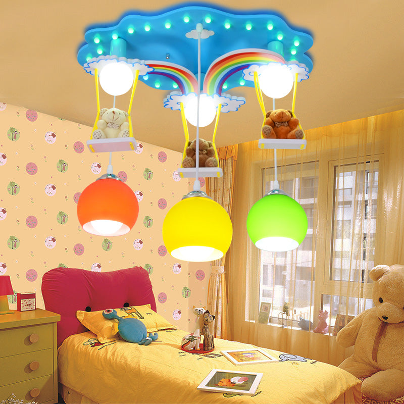 Global Pendant Lighting Kids White/Yellow and Green Glass 6 Lights Hanging Lamp with Wooden Canopy and Bear Deco Clearhalo 'Ceiling Lights' 'Pendant Lights' 'Pendants' Lighting' 216882