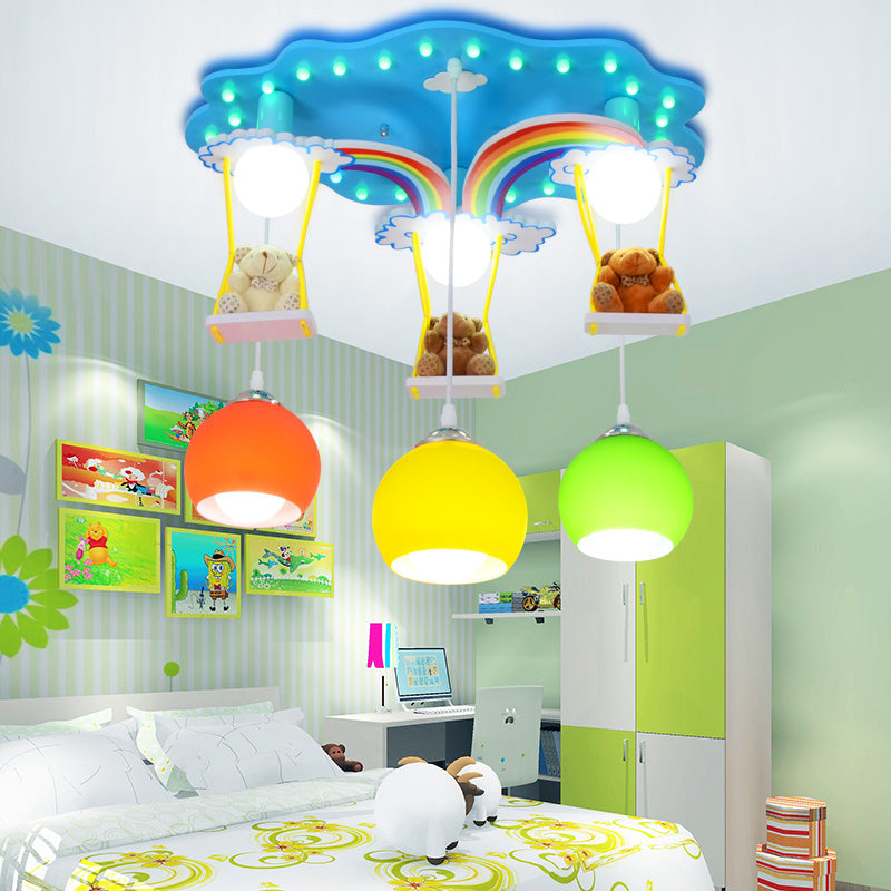 Global Pendant Lighting Kids White/Yellow and Green Glass 6 Lights Hanging Lamp with Wooden Canopy and Bear Deco Clearhalo 'Ceiling Lights' 'Pendant Lights' 'Pendants' Lighting' 216883