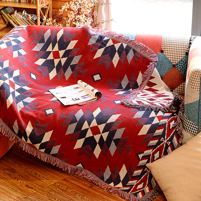 Red Living Room Area Rug Boho Rhombus Patterned Carpet Cotton Pet-Friendly Rug with Tassel Fringe Red 4'3