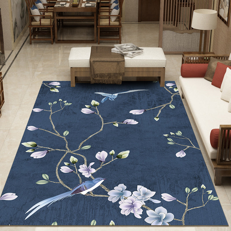 Pretty Multi Color Chinese Rug Synthetics Flower Drawing Print Carpet Machine Wash Anti-Slip Backing Pet Friendly Rug for Living Room Dark Blue Clearhalo 'Area Rug' 'Rug' 2170429