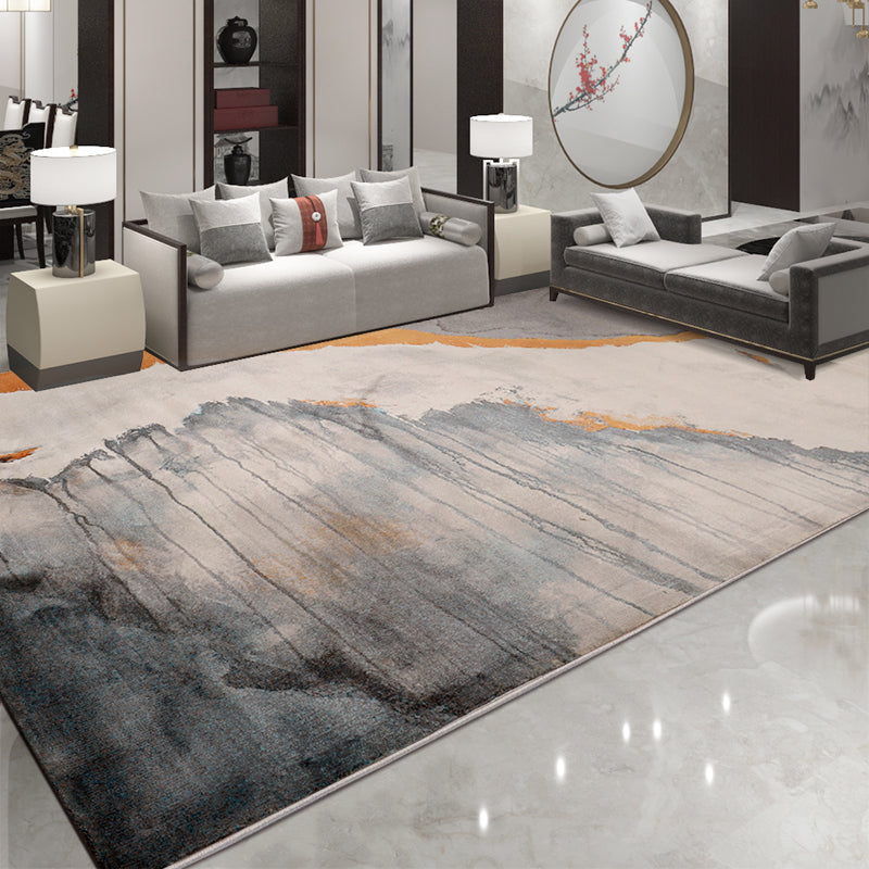 Grey Abstract Ink Painting Rug Polyester Industrial Area Carpet Stain Resistant Pet Friendly Non-Slip Rug for Living Room Grey 6'7