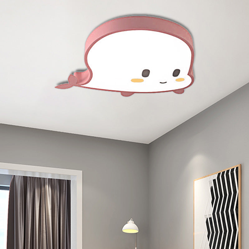 Whale Child Bedroom Flush Pendant Light Acrylic and Metal LED Cartoon Style Flush Mount Lamp in Blue/Pink Pink Clearhalo 'Ceiling Lights' 'Close To Ceiling Lights' 'Close to ceiling' 'Flush mount' Lighting' 217148