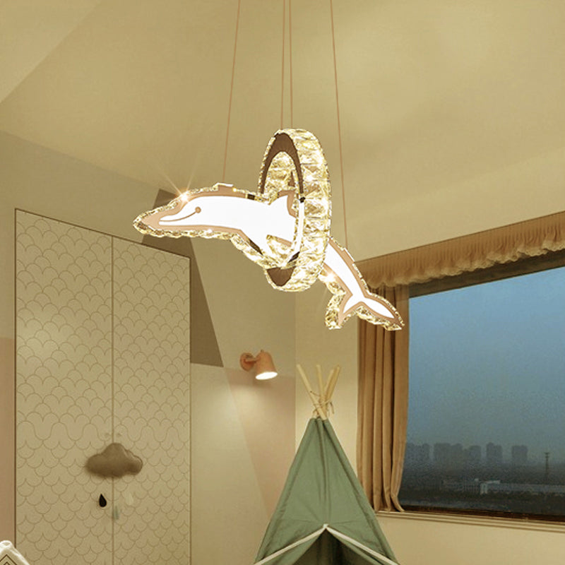 Crystal Dolphin and Ring Chandelier Light Kids Stainless-Steel LED Pendant Light Fixture for Nursery Stainless-Steel Clearhalo 'Ceiling Lights' 'Chandeliers' 'Modern Chandeliers' 'Modern' Lighting' 2172641