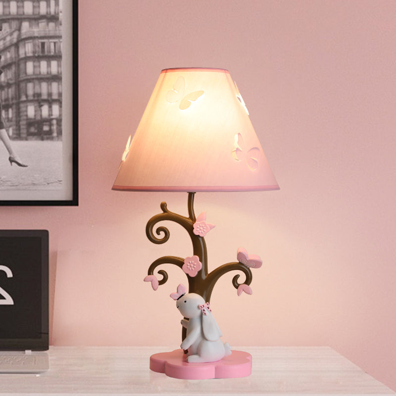 Pink Conical Shade Table Lighting Cartoon Style 1 Head Fabric and Resin Table Lamp with Rabbit Base Pink Clearhalo 'Lamps' 'Table Lamps' Lighting' 218093