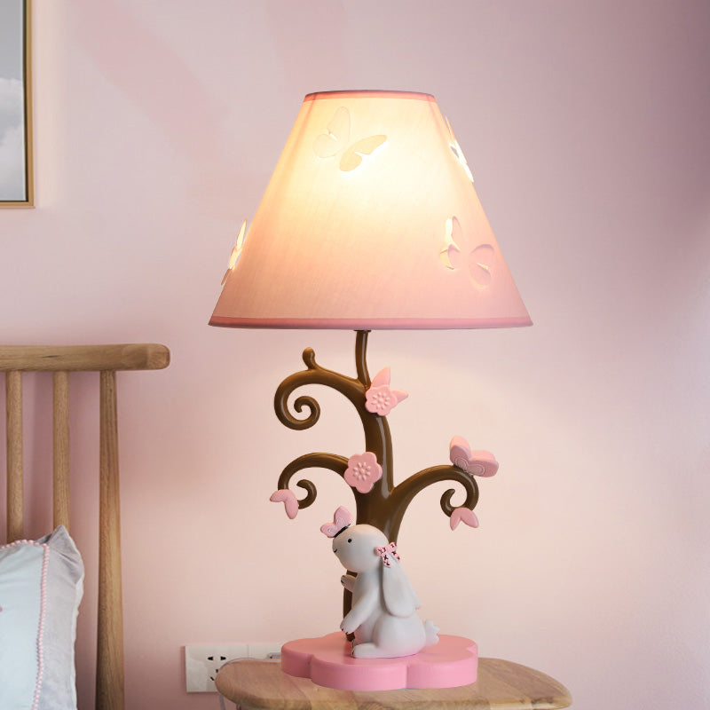 Pink Conical Shade Table Lighting Cartoon Style 1 Head Fabric and Resin Table Lamp with Rabbit Base Clearhalo 'Lamps' 'Table Lamps' Lighting' 218094