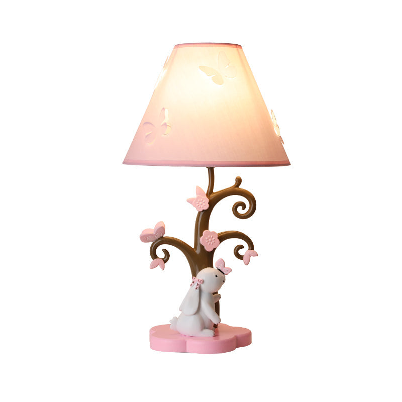 Pink Conical Shade Table Lighting Cartoon Style 1 Head Fabric and Resin Table Lamp with Rabbit Base Clearhalo 'Lamps' 'Table Lamps' Lighting' 218096