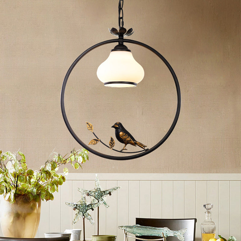 1 Light Bottle Shape Pendant Lighting Traditional Black Metal Hanging Light Fixture with Bird, 12