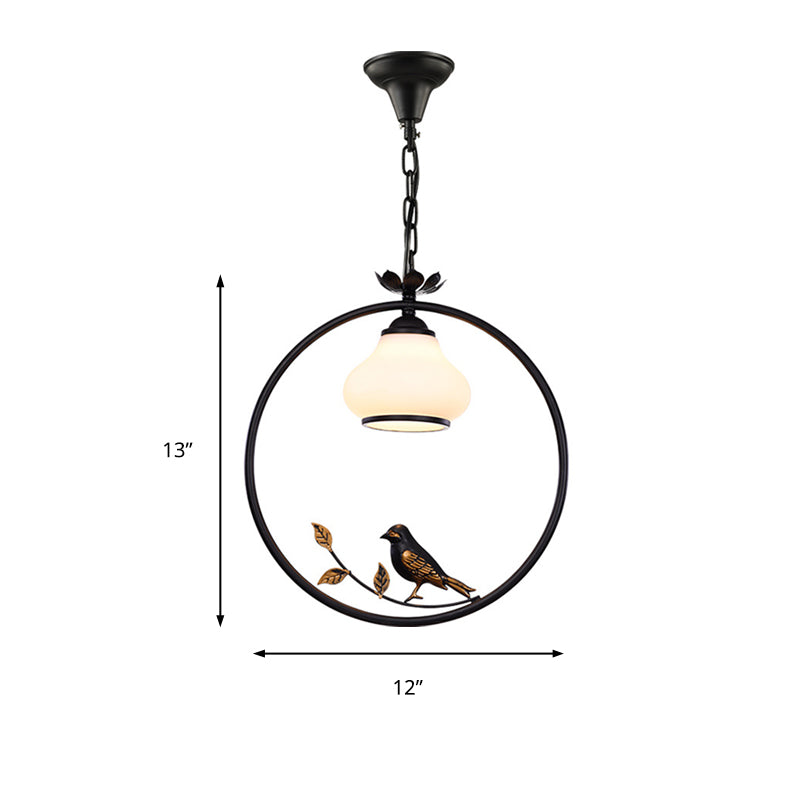 1 Light Bottle Shape Pendant Lighting Traditional Black Metal Hanging Light Fixture with Bird, 12