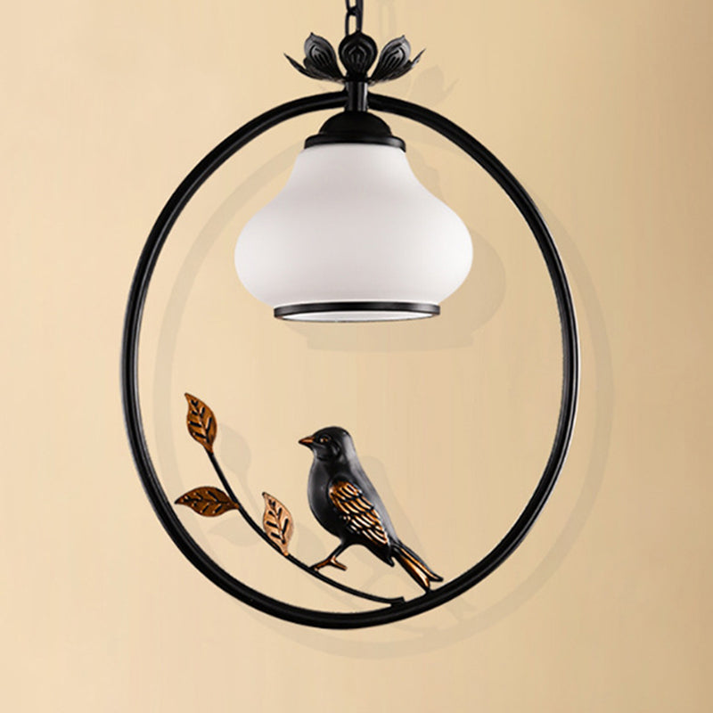 1 Light Bottle Shape Pendant Lighting Traditional Black Metal Hanging Light Fixture with Bird, 12