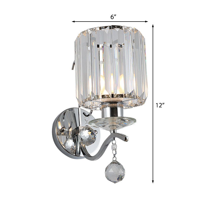 Chrome Cylinder Wall Sconce Modernist 1 Bulb Clear Crystal Wall Lighting with Orbit Drop Clearhalo 'Modern wall lights' 'Modern' 'Wall Lamps & Sconces' 'Wall Lights' Lighting' 2181669