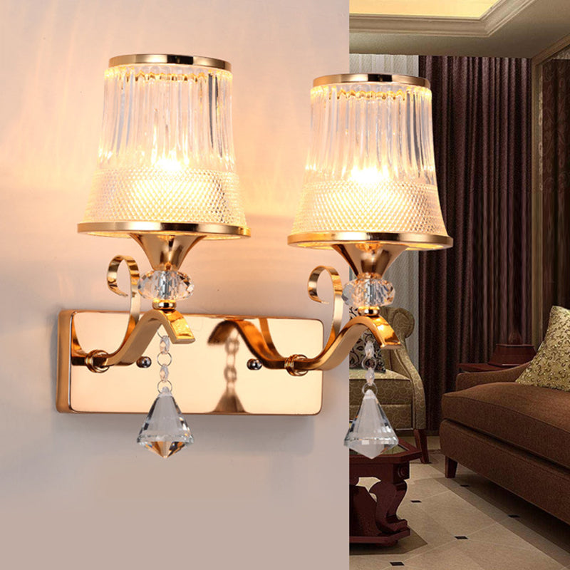 Vintage Style Bell Sconce Light Fixture Clear Glass 2 Lights Bedroom Gold Finish Wall Lamp with Crystal Accent Clearhalo 'Modern wall lights' 'Modern' 'Wall Lamps & Sconces' 'Wall Lights' Lighting' 2181672